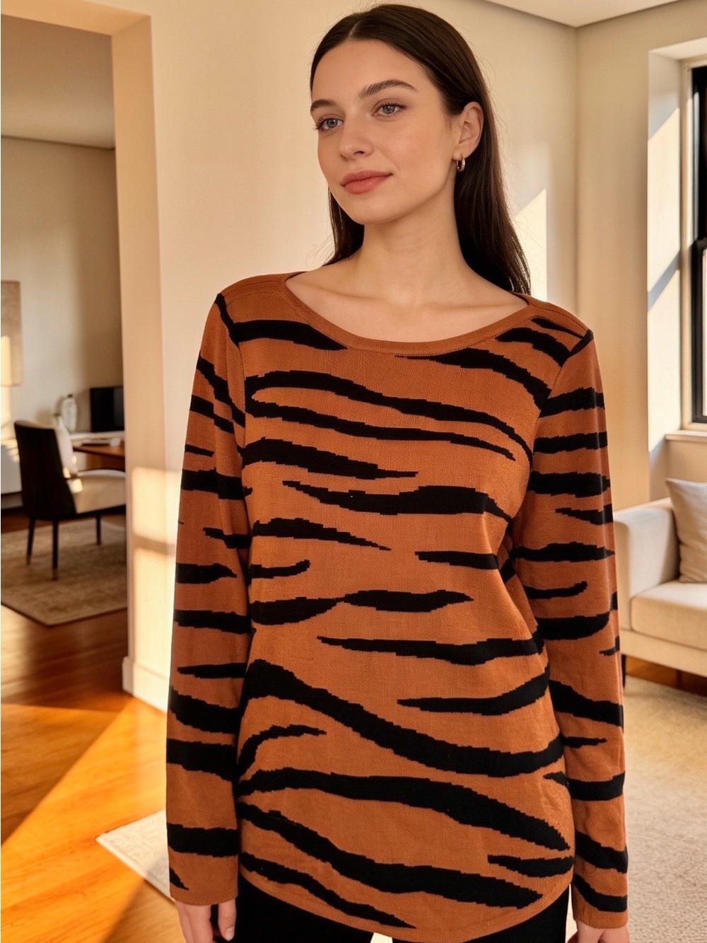 Chico’s Tiger-Stripe Knit Top - Brown & Black-Size 1 (8-10) Medium
